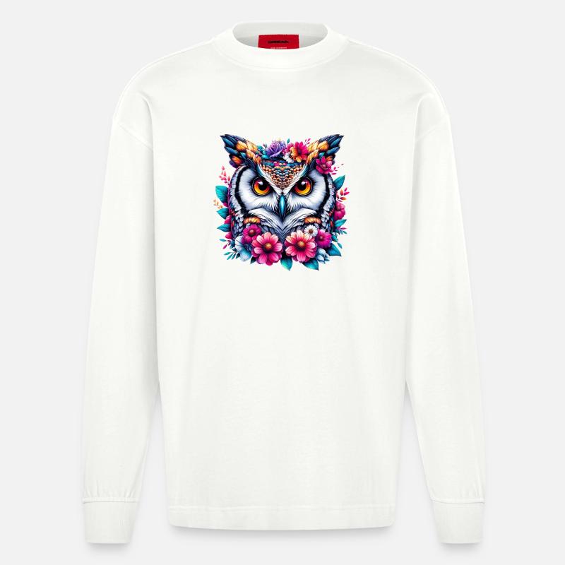 Eule mit Blumen geschmückt - Heavyweight Oversized Organic Langarmshirt Made in EU - OFF WHITE