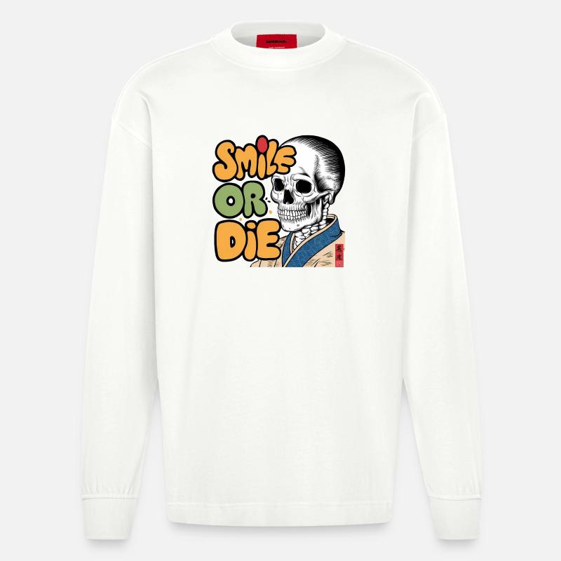 Skelettor mit optimistischer Botschaft - Heavyweight Oversized Organic Langarmshirt Made in EU - OFF WHITE