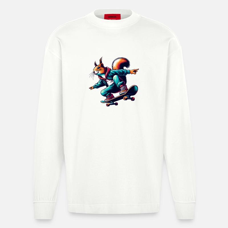 Écureuil cool sur un skateboard - Manches longues bio épais oversize fabriqué en UE - OFF WHITE