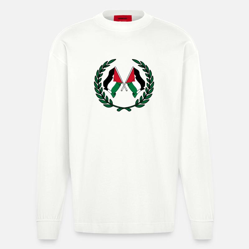 Drapeaux palestiniens en couronne de laurier - Manches longues bio épais oversize fabriqué en UE - OFF WHITE