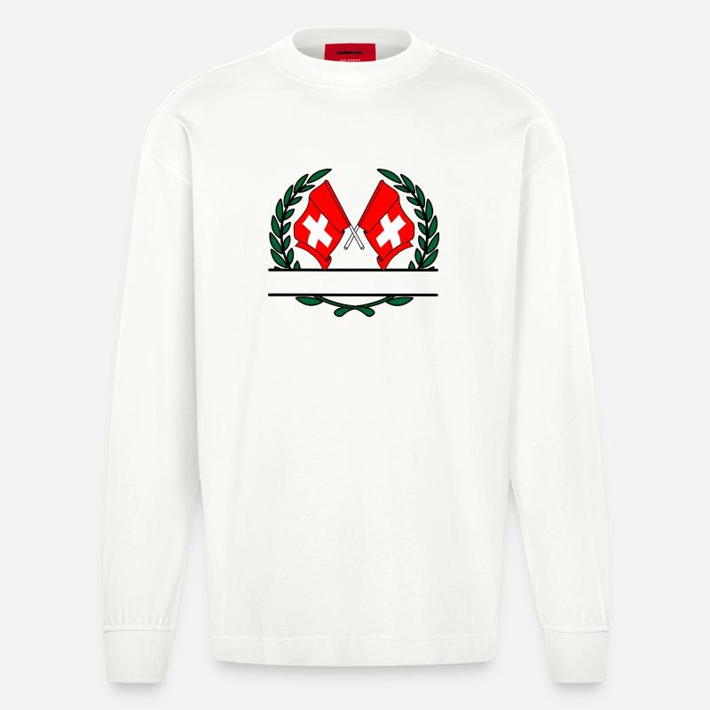 Drapeaux Suisse couronne de laurier bannière - Manches longues bio épais oversize fabriqué en UE - OFF WHITE