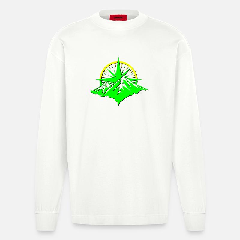 Compass With Mountain Silhouette - Heavyweight Oversized Organic Langarmshirt Made in EU - OFF WHITE