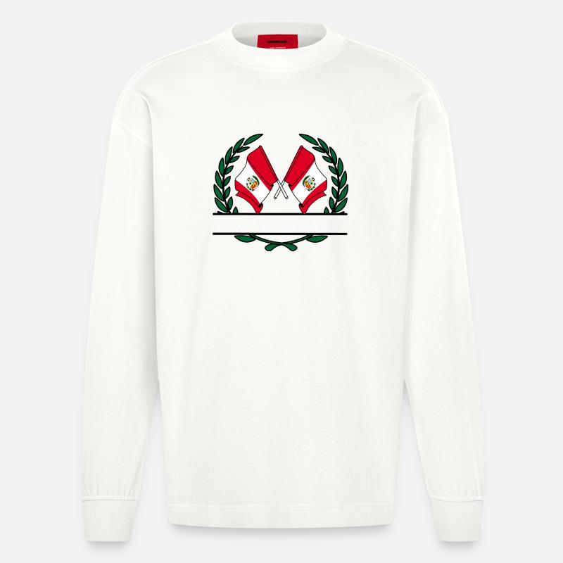 Drapeaux Pérou bannière couronne de laurier - Manches longues bio épais oversize fabriqué en UE - OFF WHITE