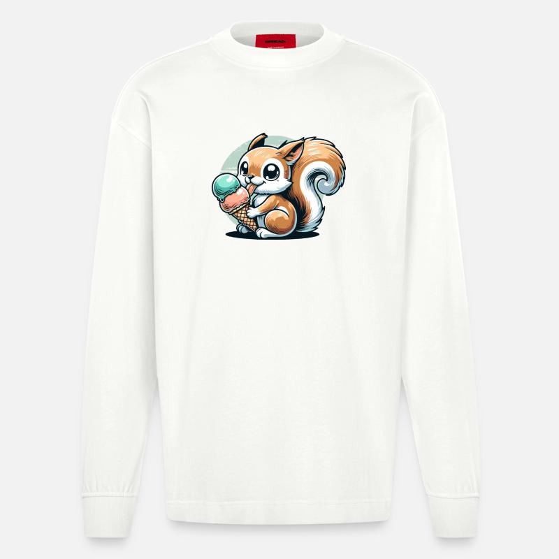 Niedliches Cartoon-Eichhörnchen mit Eiscreme - Heavyweight Oversized Organic Langarmshirt Made in EU - OFF WHITE