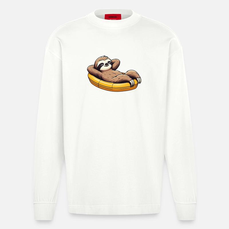 Faultier entspannt im Boot Urlaub - Heavyweight Oversized Organic Langarmshirt Made in EU - OFF WHITE