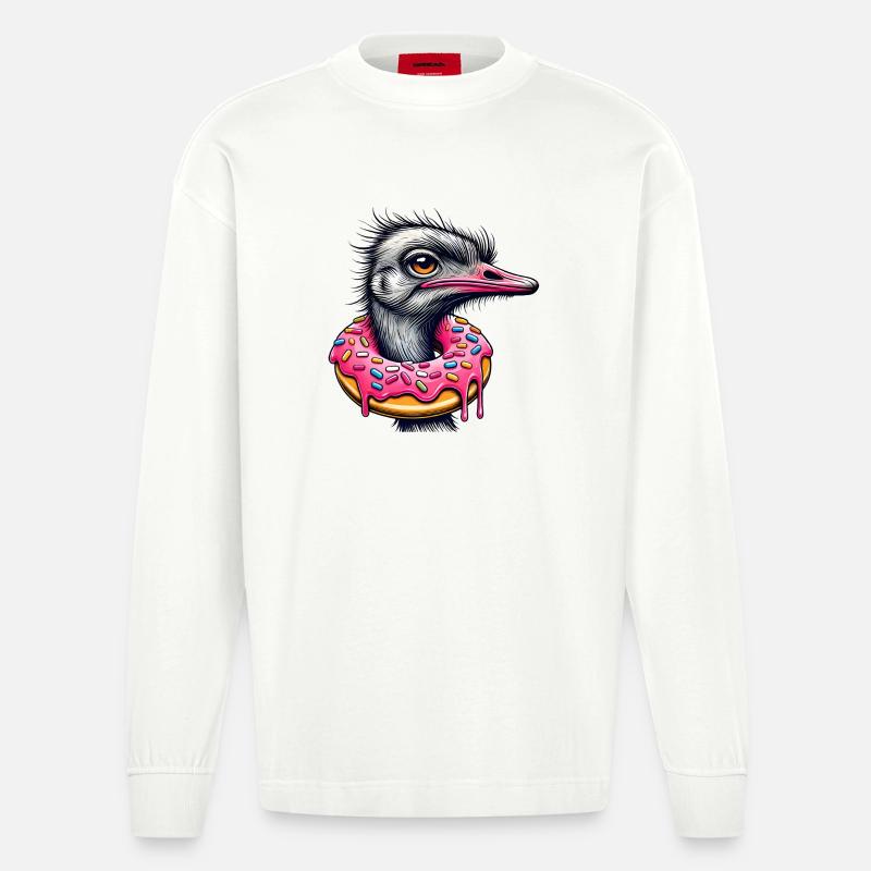 witziger Augenschmaus - Vogel Strauß mit Donut - Heavyweight Oversized Organic Langarmshirt Made in EU - OFF WHITE