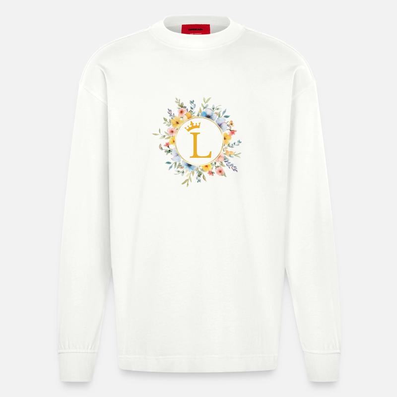 L Monogram, Cercle de fleurs, Personnalisable - Manches longues bio épais oversize fabriqué en UE - OFF WHITE