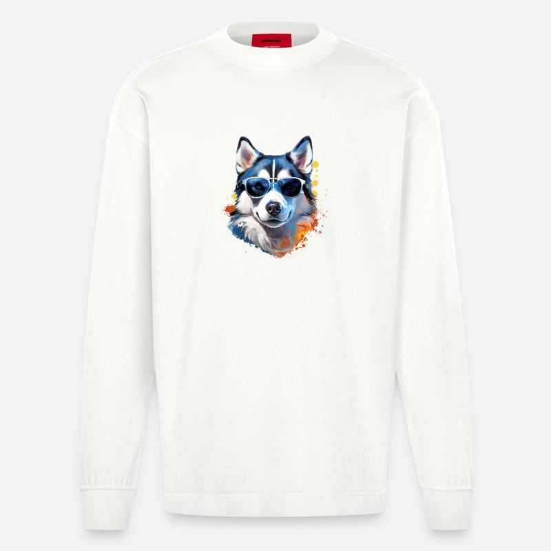 Husky mit Sonnenbrille - Heavyweight Oversized Organic Langarmshirt Made in EU - OFF WHITE