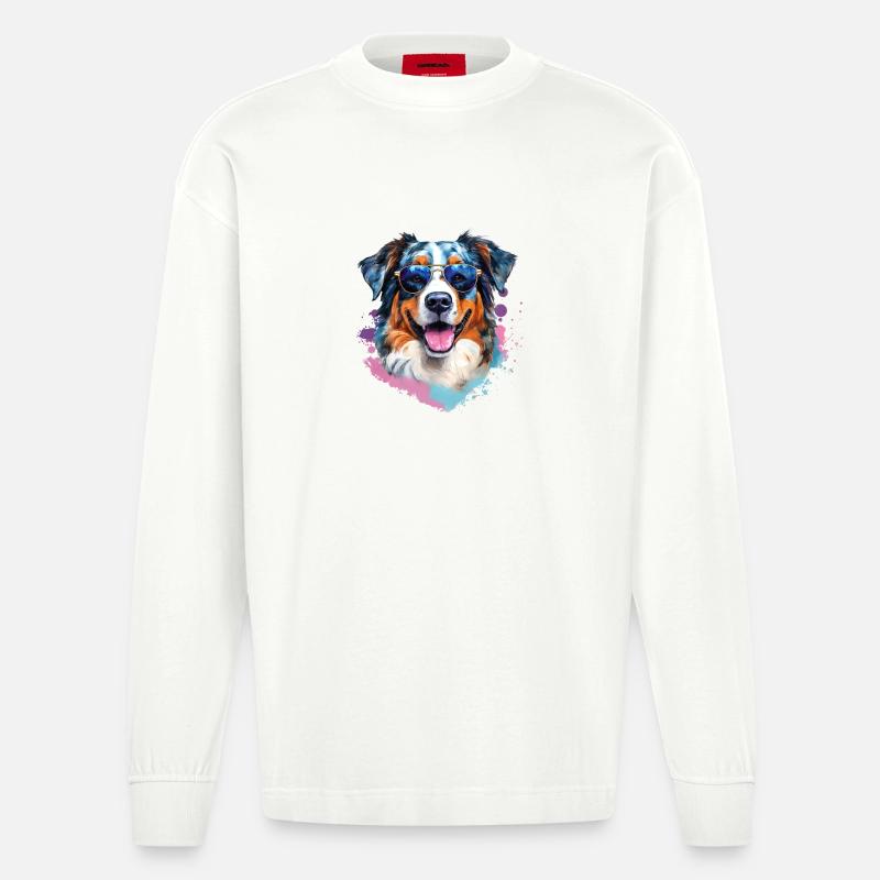 Australian Shepherd mit Sonnenbrille - Heavyweight Oversized Organic Langarmshirt Made in EU - OFF WHITE
