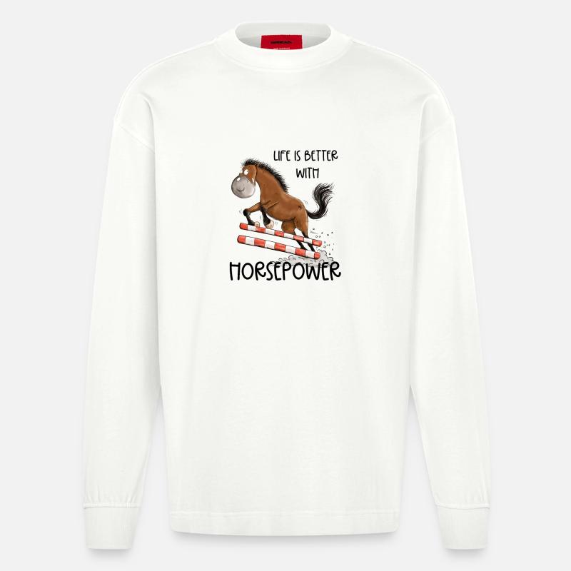 Witziges Springpferd Springreiten Tunier Pferd - Heavyweight Oversized Organic Langarmshirt Made in EU - OFF WHITE