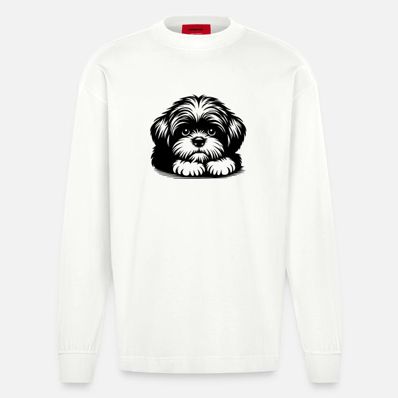 Shih Tzu Head with Paws - Heavyweight Oversized Organic Longsleeve Shirt Made in EU - OFF WHITE
