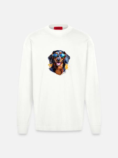 Dachshund with sunglasses - Heavyweight Oversized Organic Longsleeve Shirt Made in EU - OFF WHITE