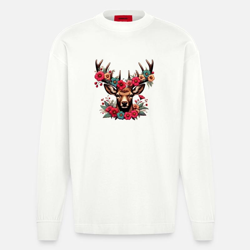 Hirsch mit Blumen - Heavyweight Oversized Organic Langarmshirt Made in EU - OFF WHITE