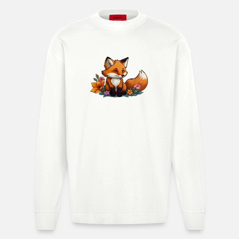Fuchs mit Blumen - Floral Fox - Heavyweight Oversized Organic Langarmshirt Made in EU - OFF WHITE