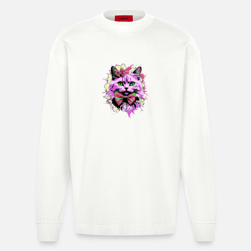 Neonkatze mit Fliege - Heavyweight Oversized Organic Langarmshirt Made in EU - OFF WHITE