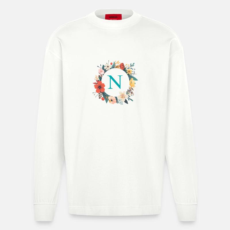N Monogramm, Blumen-Kranz, personalisierbar - Heavyweight Oversized Organic Langarmshirt Made in EU - OFF WHITE