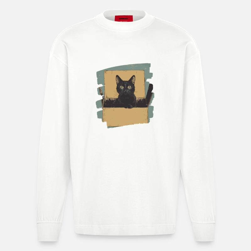 Katze in Karton Box Retro - Heavyweight Oversized Organic Langarmshirt Made in EU - OFF WHITE