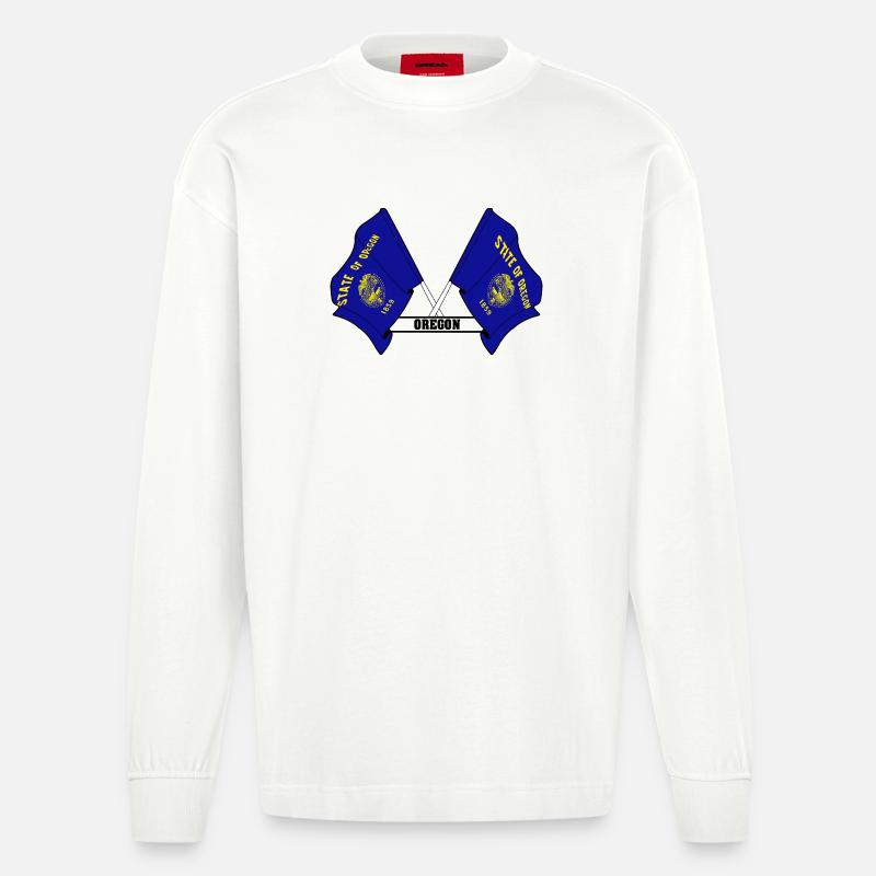 Two flags text OREGON - Heavyweight Oversized Organic Longsleeve Shirt Made in EU - OFF WHITE