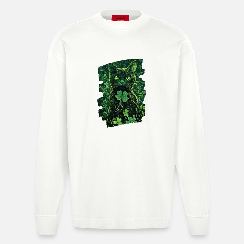 St Patricks day Katze - Heavyweight Oversized Organic Langarmshirt Made in EU - OFF WHITE