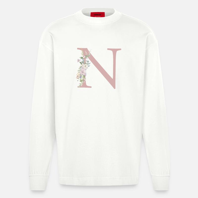 N Monogramm, Floral, personalisierbar - Heavyweight Oversized Organic Langarmshirt Made in EU - OFF WHITE