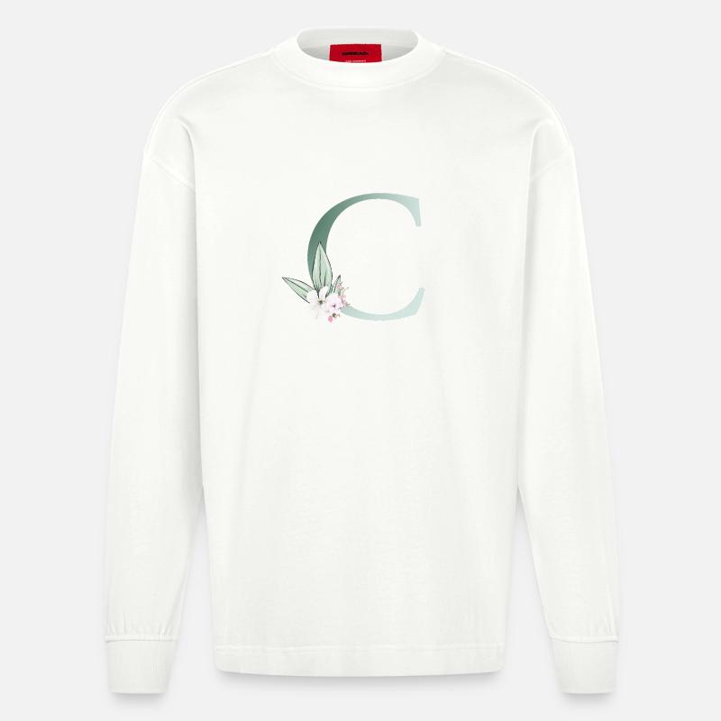 C Monogram, Floral, Customizable - Heavyweight Oversized Organic Longsleeve Shirt Made in EU - OFF WHITE