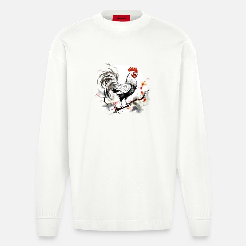 Chinesisches Sternzeichen Hahn - Heavyweight Oversized Organic Langarmshirt Made in EU - OFF WHITE