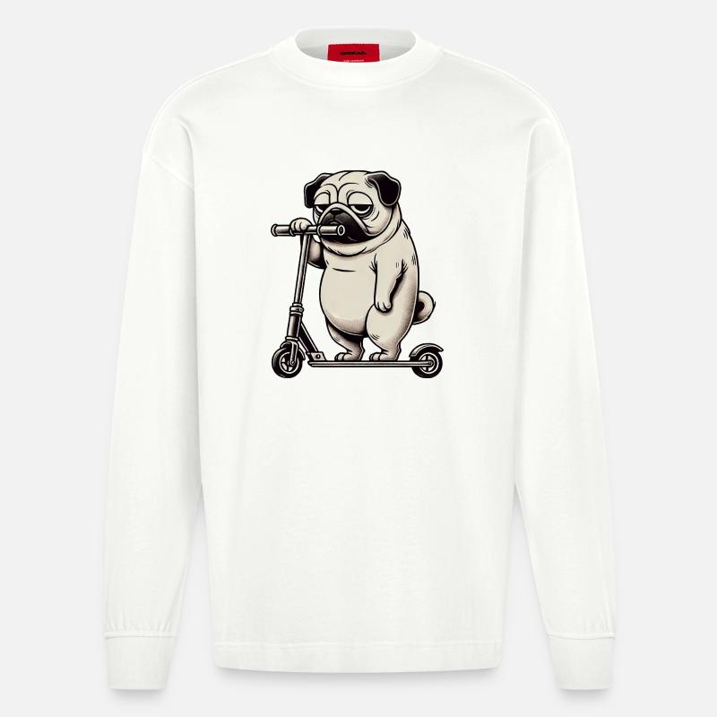 Lustiger Mops Roller Scooter Kickroller Grumpy - Heavyweight Oversized Organic Langarmshirt Made in EU - OFF WHITE