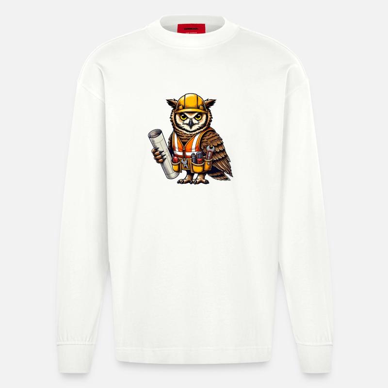 Bauarbeiter-Eule – Clever & Handwerklich! - Heavyweight Oversized Organic Langarmshirt Made in EU - OFF WHITE