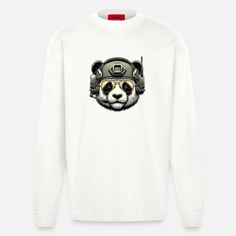 Panda Militär Armee Design - Heavyweight Oversized Organic Langarmshirt Made in EU - OFF WHITE