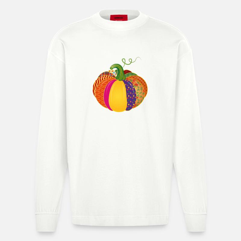 Patchwork Kürbis – Bunt gemusterte Herbstdeko - Heavyweight Oversized Organic Langarmshirt Made in EU - OFF WHITE