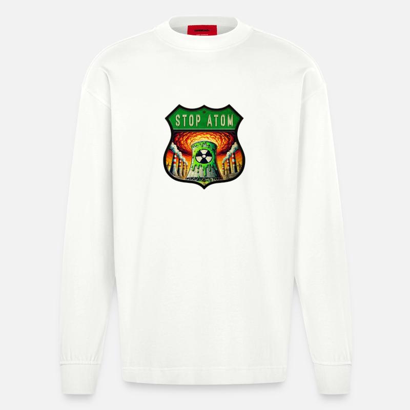 Stop Atom Wappen Design - Heavyweight Oversized Organic Langarmshirt Made in EU - OFF WHITE