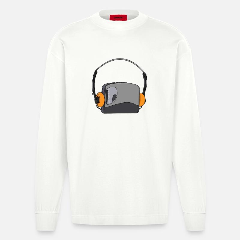 Cool Portable Cassette Audio Player - Heavyweight Oversized Organic Longsleeve Shirt Made in EU - OFF WHITE