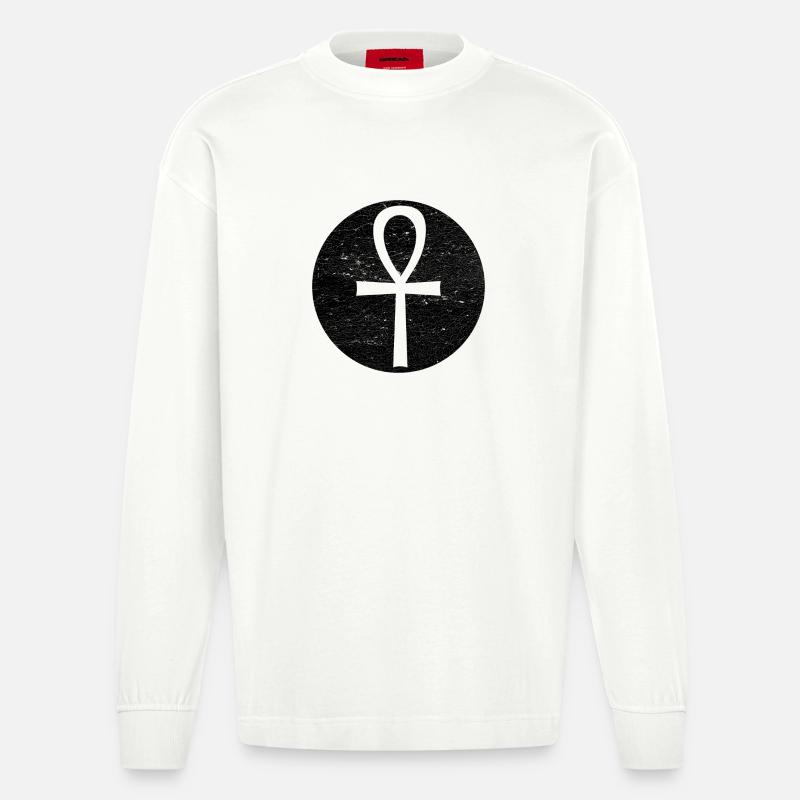 Croix égyptienne Ankh dans cercle noir - Manches longues bio épais oversize fabriqué en UE - OFF WHITE