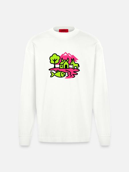 Naïve Pop Art Landscape - Heavyweight Oversized Organic Longsleeve Shirt Made in EU - OFF WHITE