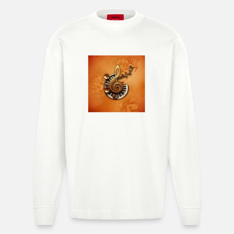 Style musical abstrait avec des fleurs - Manches longues bio épais oversize fabriqué en UE - OFF WHITE