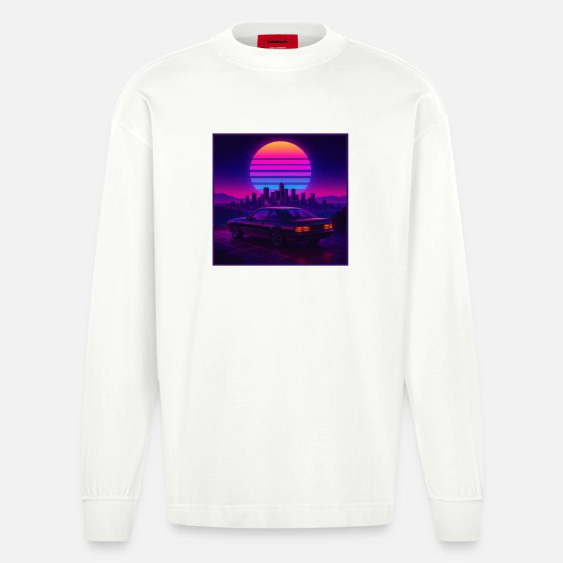 Neon Outrun Sunset Auto – Retro Synthwave - Heavyweight Oversized Organic Langarmshirt Made in EU - OFF WHITE
