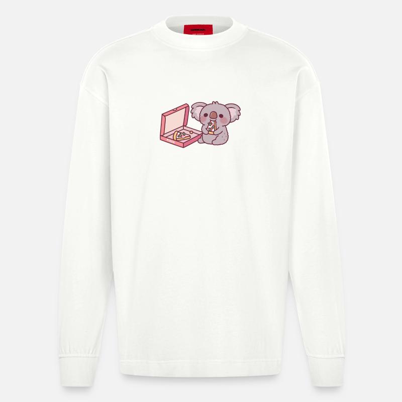 Mignon Koala Ours Mangeant Pizza - Manches longues bio épais oversize fabriqué en UE - OFF WHITE