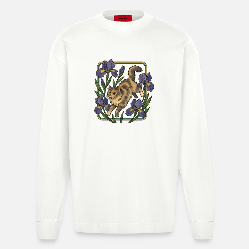 Chat élégant parmi les fleurs d'iris - Manches longues bio épais oversize fabriqué en UE - OFF WHITE