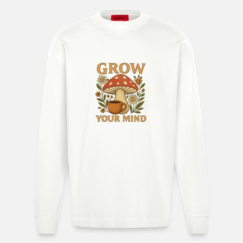 Wachstum Geist Pilz Blumen Design - Heavyweight Oversized Organic Langarmshirt Made in EU - OFF WHITE