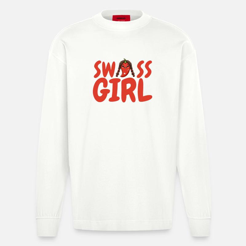 Heisser Chili-Pfeffer  als Schweizer Mädchen - Heavyweight Oversized Organic Langarmshirt Made in EU - OFF WHITE