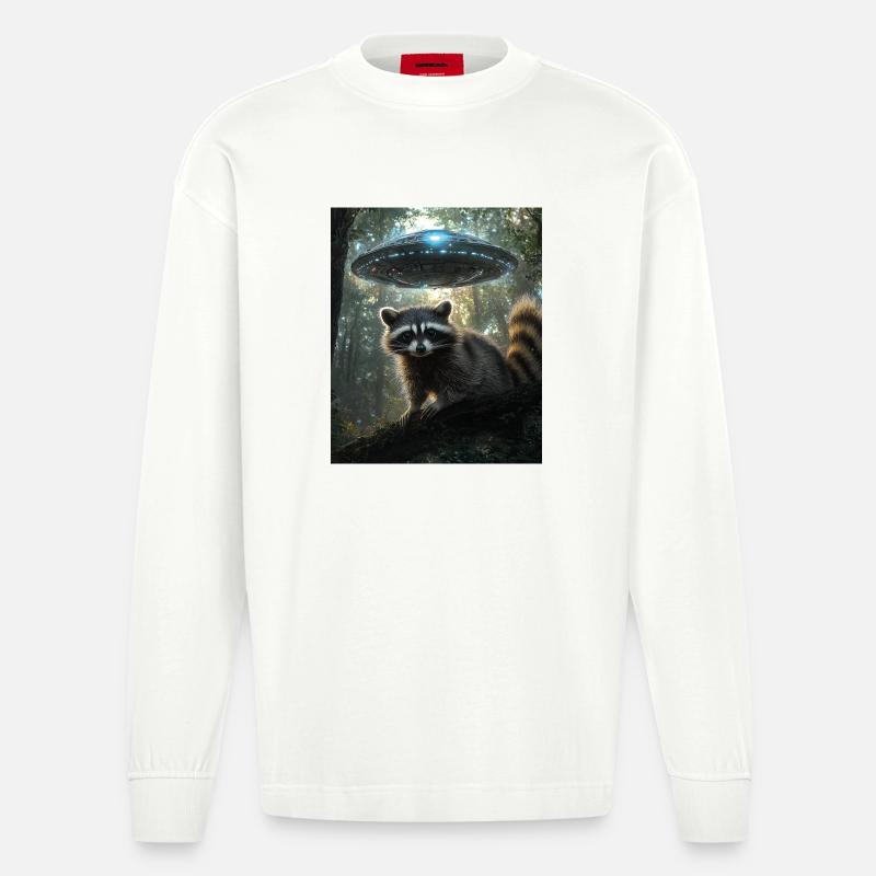 Waschbär Selfie mit UFO - Heavyweight Oversized Organic Langarmshirt Made in EU - OFF WHITE