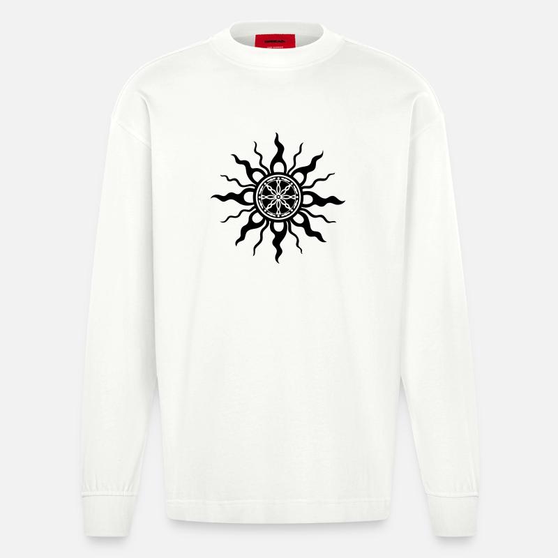 Conception d’ornement tribal du soleil - Manches longues bio épais oversize fabriqué en UE - OFF WHITE