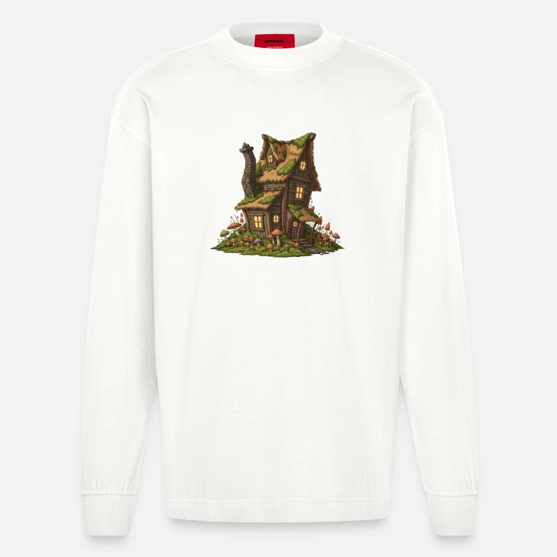 Fabuleuse maison forestière avec champignons - Manches longues bio épais oversize fabriqué en UE - OFF WHITE