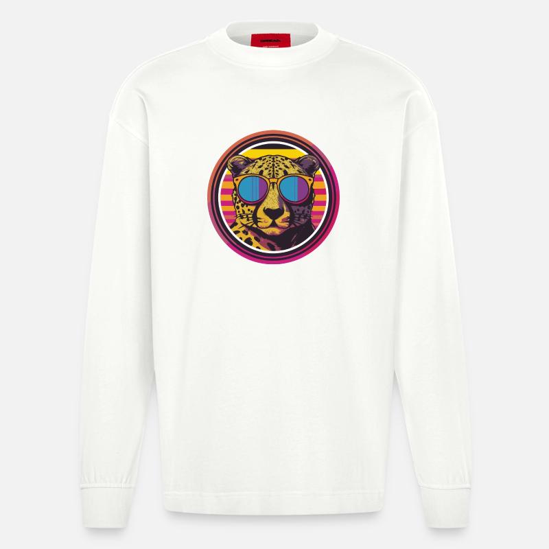 Leopard mit Sonnenbrille im Retro-Stil - Heavyweight Oversized Organic Langarmshirt Made in EU - OFF WHITE