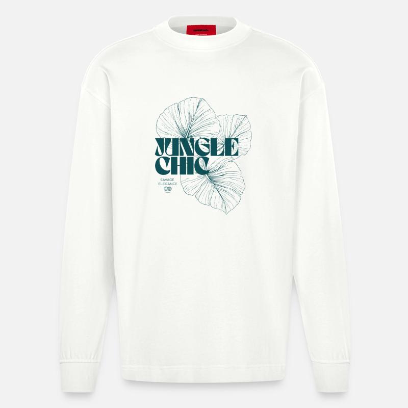 Botanical Jungle Monstera Leaf Pattern Design - Heavyweight Oversized Organic Longsleeve Shirt Made in EU - OFF WHITE