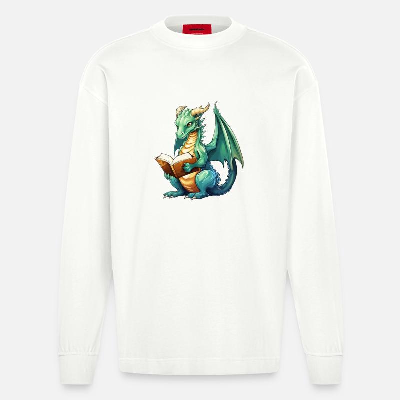 Fantasy-Lese-Drache mit Buch - Heavyweight Oversized Organic Langarmshirt Made in EU - OFF WHITE
