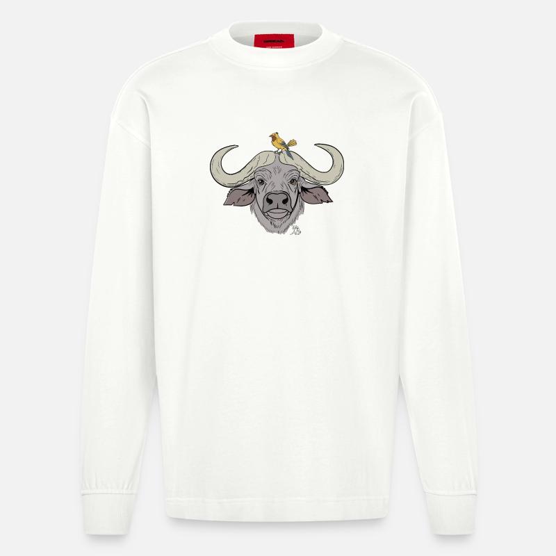 Stämmiger Büffel mit Singvogel - Heavyweight Oversized Organic Langarmshirt Made in EU - OFF WHITE