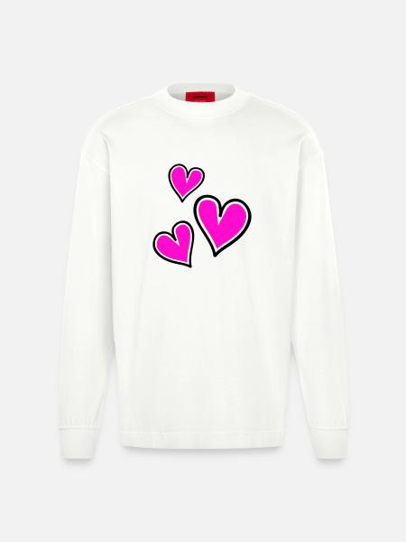Bright Pink Heart Pattern - Heavyweight Oversized Organic Longsleeve Shirt Made in EU - OFF WHITE