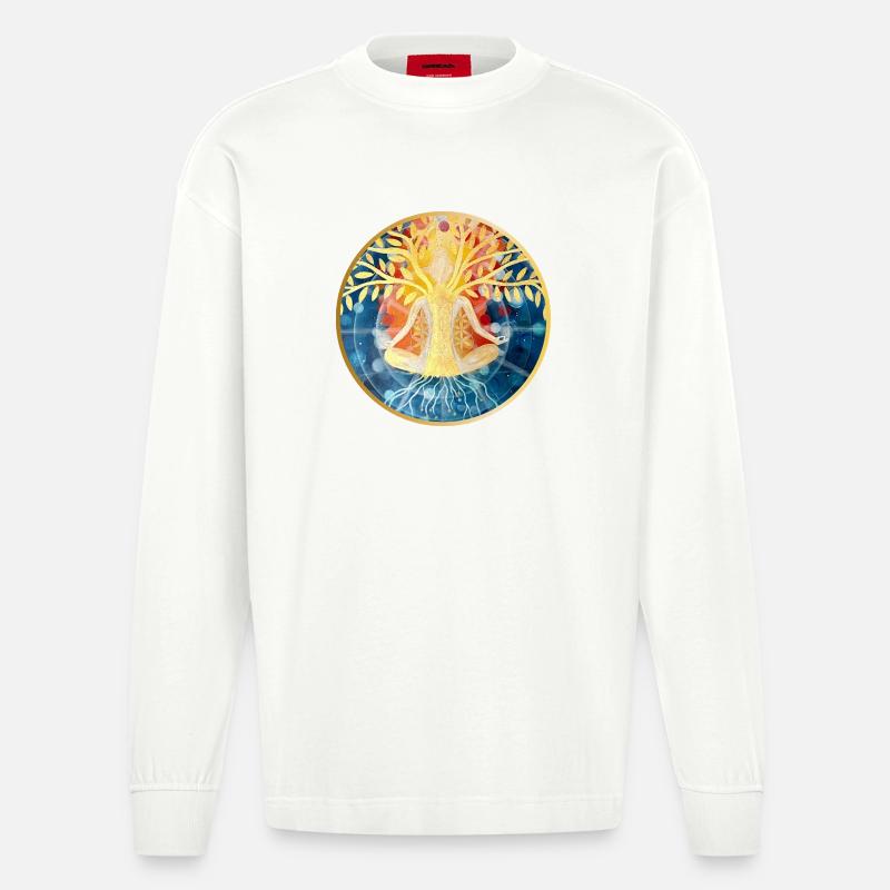Lebendige Baum-Meditation Illustration - Heavyweight Oversized Organic Langarmshirt Made in EU - OFF WHITE