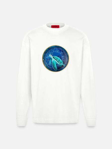 Galactic Sea Turtle Illustration - Heavyweight Oversized Organic Longsleeve Shirt Made in EU - OFF WHITE